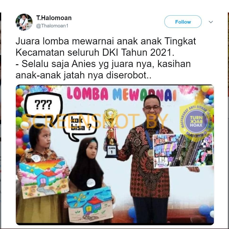 tangkapan layar Gubernur DKI Jakarta Anies Baswedan disebut berhasil meraih juara lomba mewarnai dan mendapatkan piala.