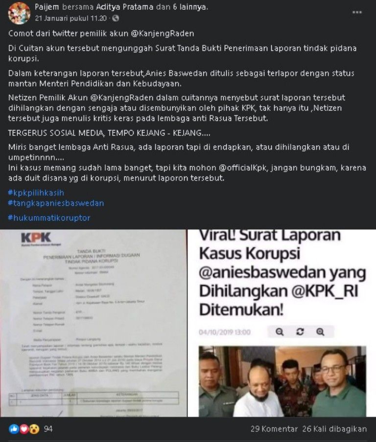 Tangkapan layar yang mengklaim laporan kasus korupsi Anies Baswedan yang dihilangkan KPK telah ditemukan.