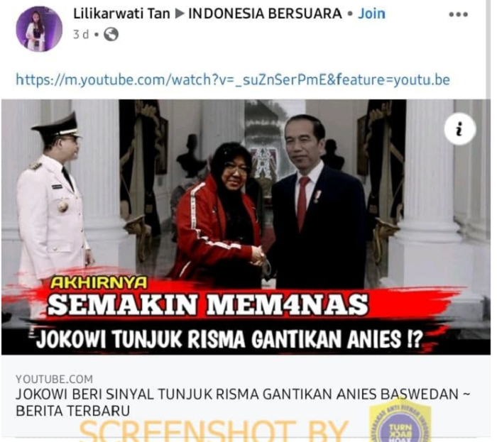 Tangkapan layar hoaks Jokowi tunjuk Mensos Risma gantikan Anies Baswedan jadi Gubernur DKI Jakarta.
