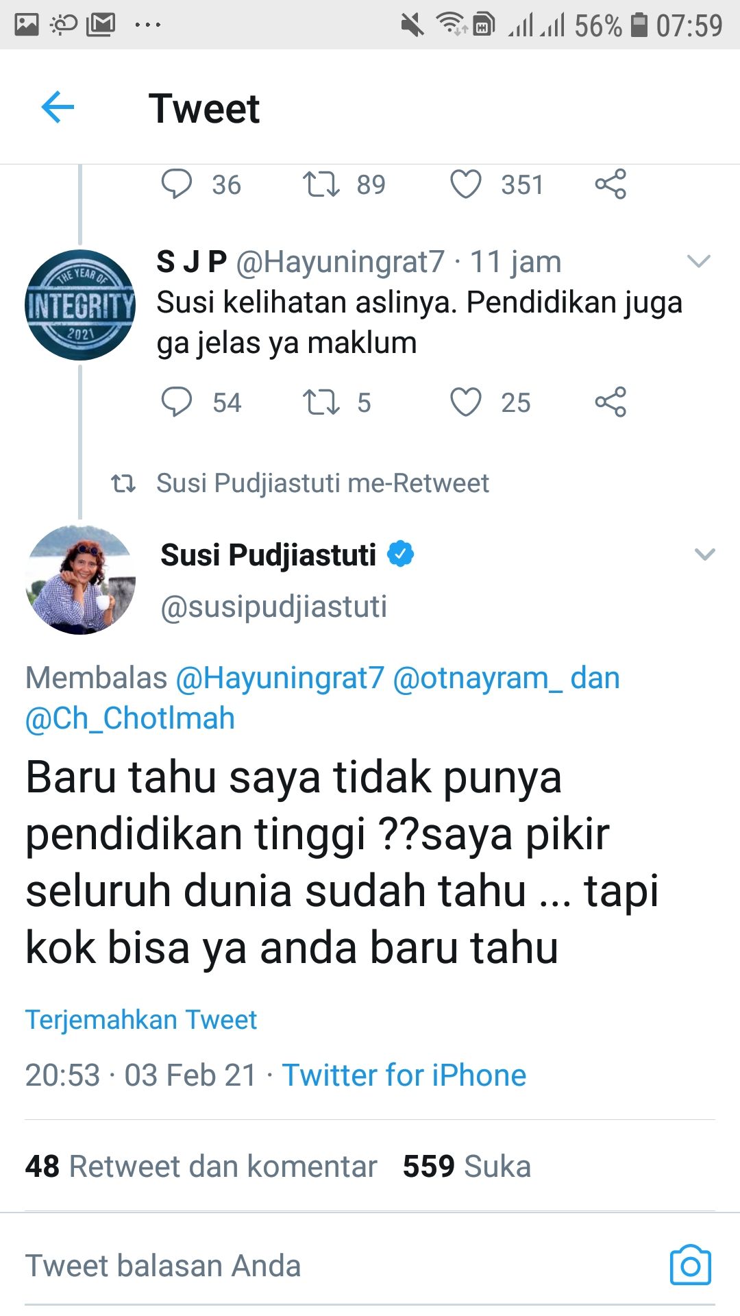 Tangkapan layar Twitter Susi Pudjiastuti