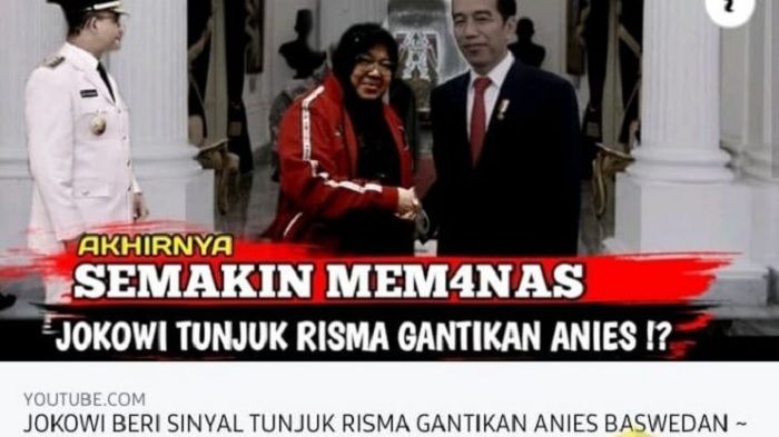 Tangkapan layar informasi hoaks yang mengklaim bahwa Jokowi tunjuk Tri Rismaharini untuk menggantikan Anies Baswedan.