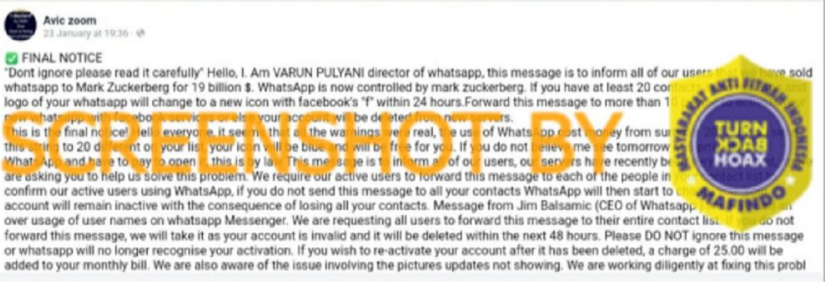 Tangkapan layar hoaks soal WhatsApp berbayar.