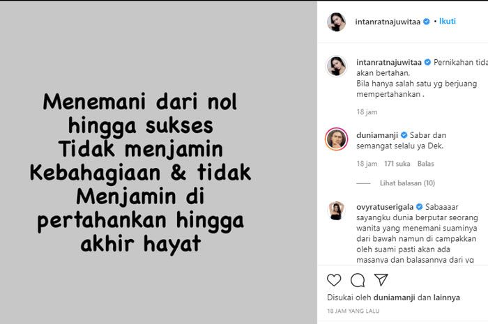 Status Intan Ratna Juwita di akun Instagram