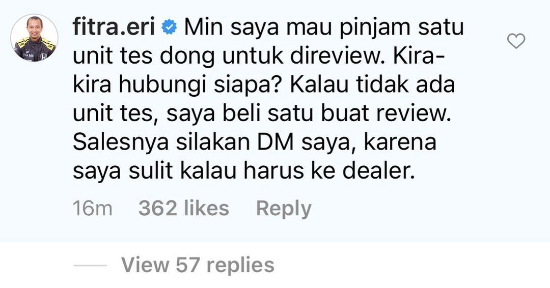 Tangkapan layar komentar Fitra Eri pada sebuah unggahan di akun instagram @esemkaindonesia yang dia posting di Instagram pribadinya @fitra.eri. Dia mengaku ingin mereview mobil esemka, dan jika perlu dia akan membelinya.