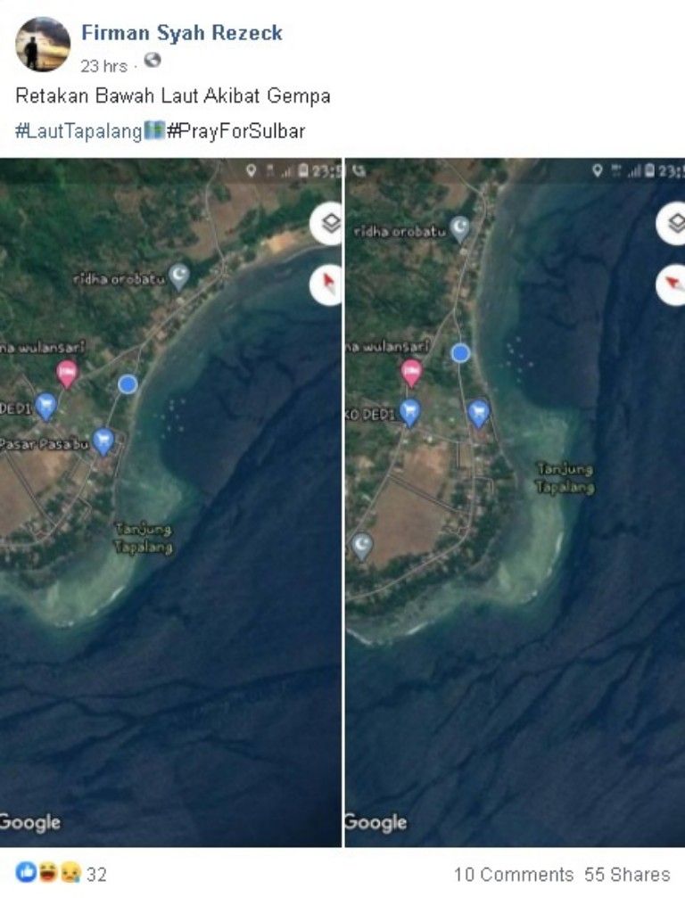 Tangkapan layar pengguna Facebook yang menyebut retakan bawah laut di gambar diakibatkan karena gempa di Sulbar.