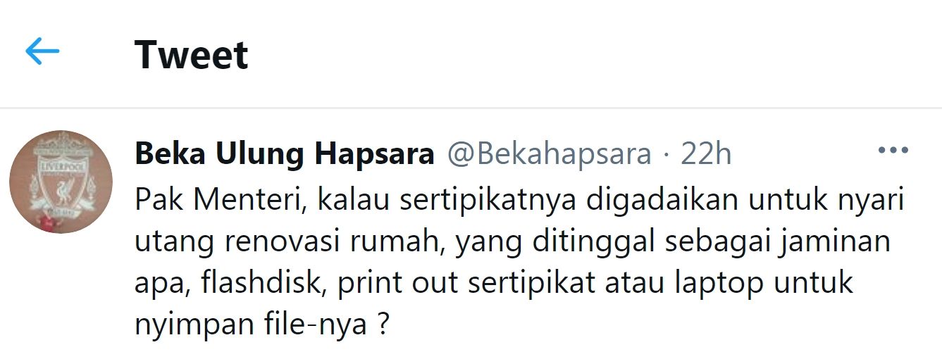 Tangkapan layar cuitan Beka Ulung Hapsara soal  Sertipikat Tanah Elektronik./Twitter/@Bekahapsara