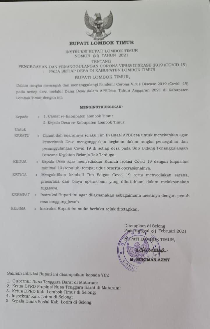 Instruksi Bupati Lombok Timur Nomor 64 Tahun 2021.