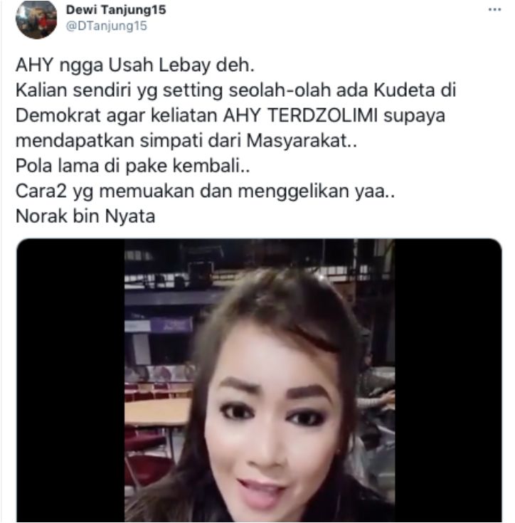 Dewi Tanjung menyebutkan isu kudeta AHY di Partai Demokrat hanyalah settingan.*