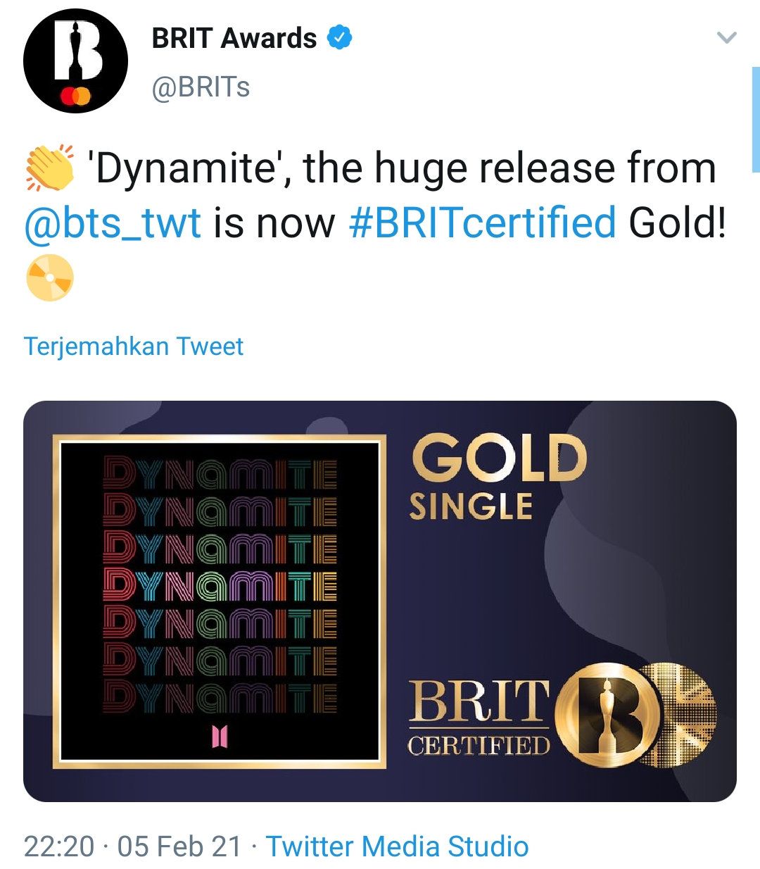 Gold Single BRIT Certified yang diunggah BRIT Awards di laman Twitter pada tanggal 5 Februari 2021.