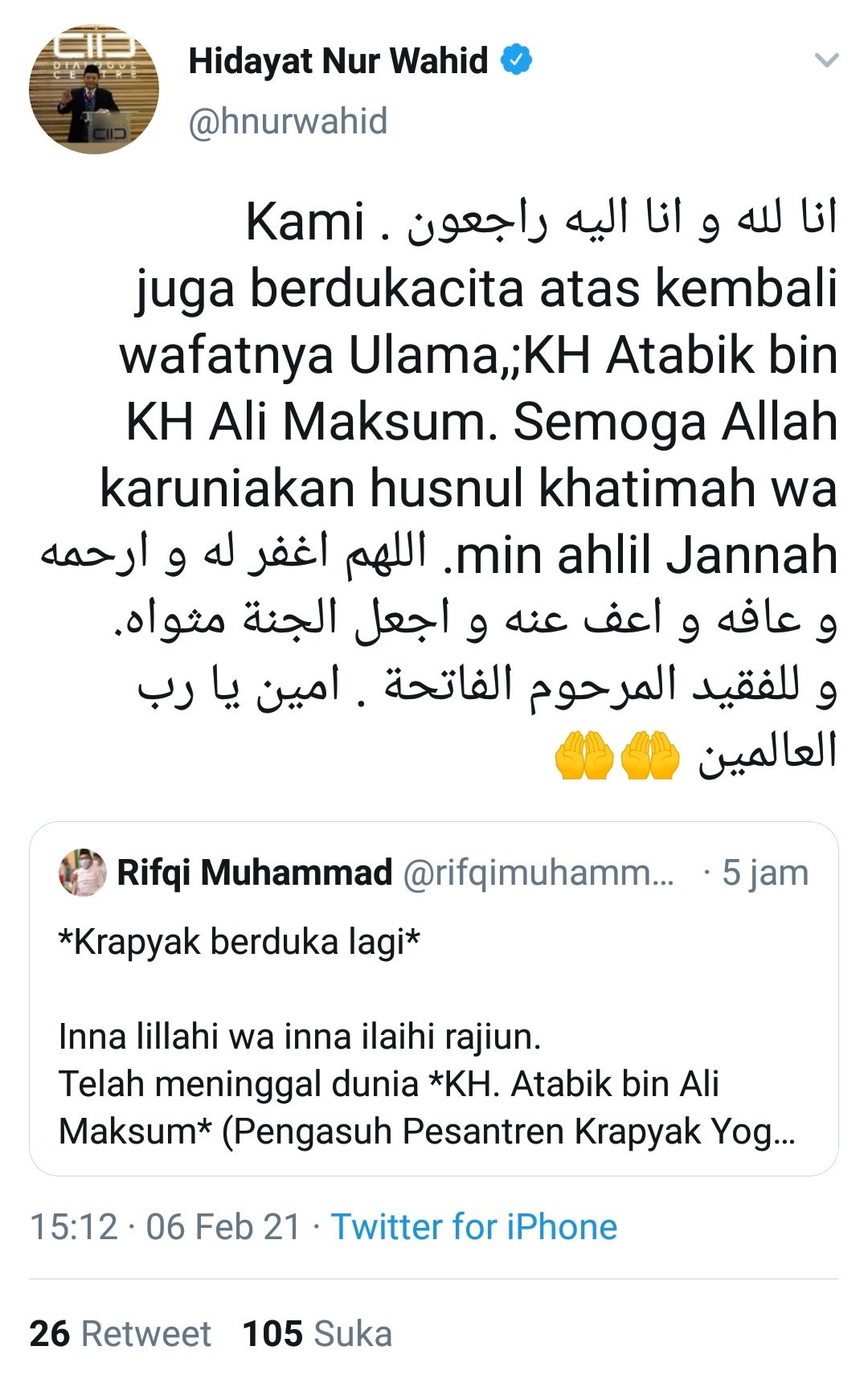 Unggahan Politikus Partai PKS yangvjuga Wakil Ketua MPR RI Hidayat Nur Wahid di akun Twitter. 