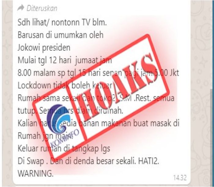 Tangkapan layar narasi yang menyebut Jokowi akan lockdown Jakarta pekan depan.