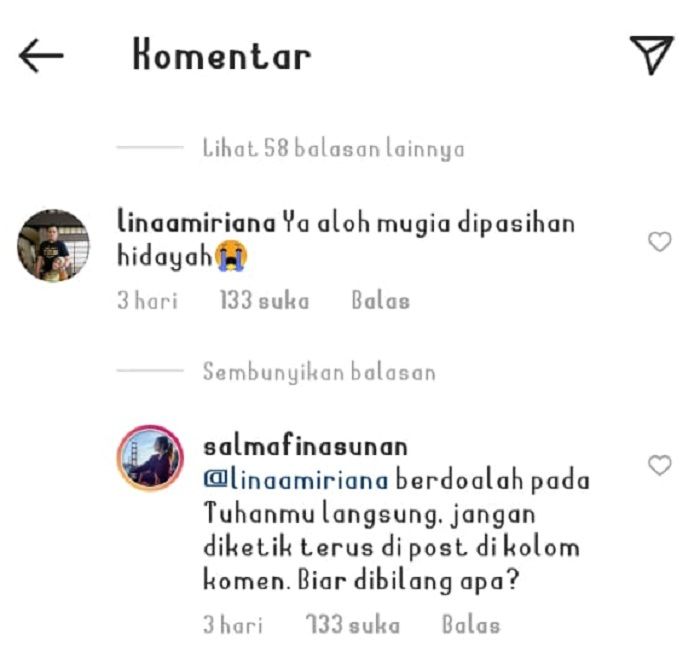 Salmafina Sunan menanggapi komentar warganet yang mendoakan agar ia mendapatkan hidayah usai mengunggah foto seksi.*
