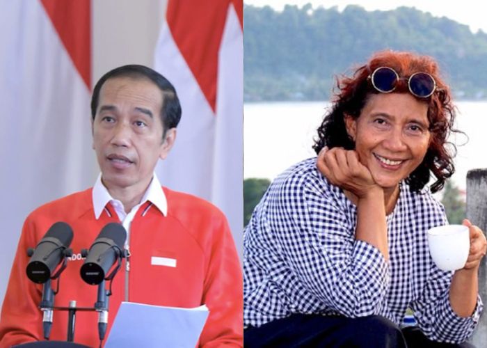 Susi Pudjiastuti (kanan) meminta tolong kepada Presiden Jokowi (kiri) untuk beri imbauan hentikan ujaran kebencian yang mengatasnamakan SARA.