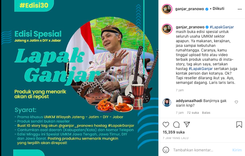Unggahan Instagram Ganjar Pranowo.*