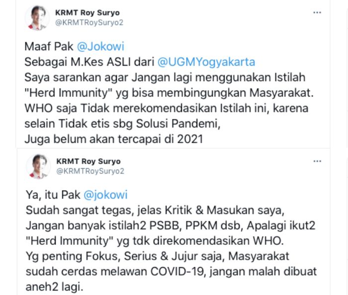 Cuitan Roy Suryo yang mengingatkan Presiden Jokowi.*
