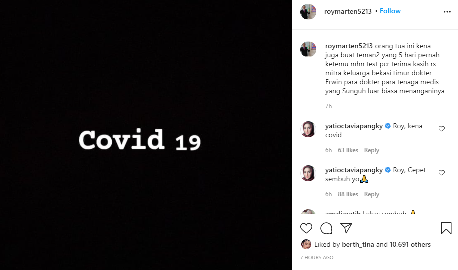 Unggahan Roy Marten di instagram mengabarkan dirinya terinveksi Covid-19