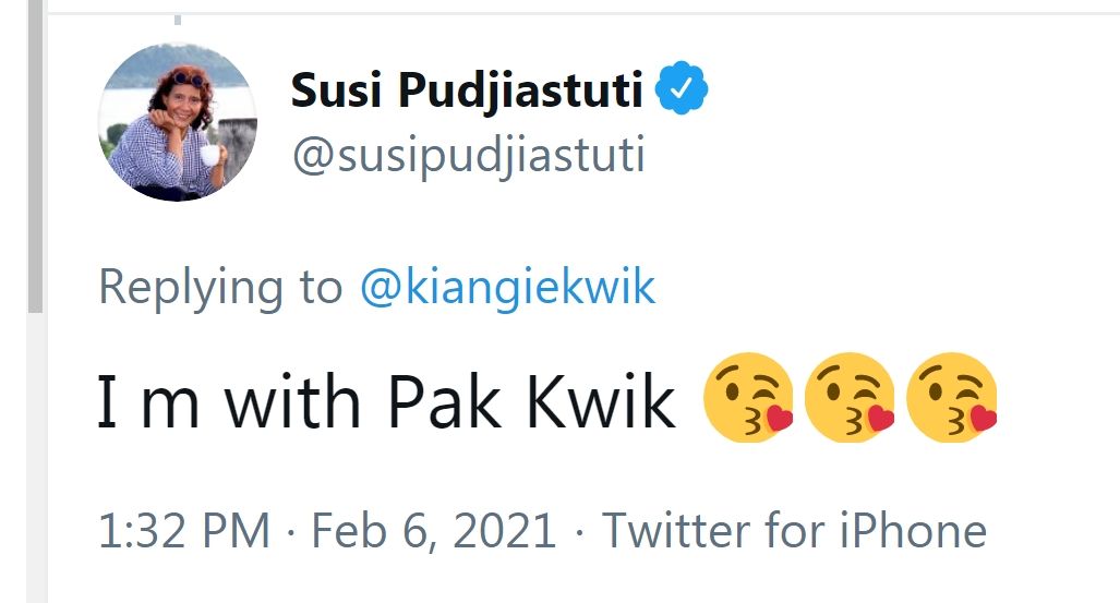 Tangkapan layar cuitan Susi Pudjiastuti./Twitter/@susipudjiastuti