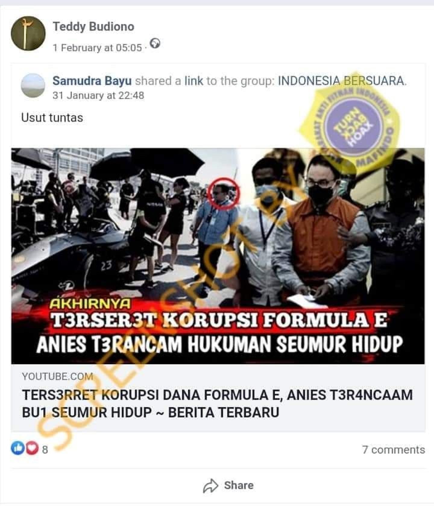 Gambar tangkap layar postingan akun facebook yang mengklaim bahwa Gubernur DKI Jakarta Anies Baswedan terlibat kasus korupsi Formula E.