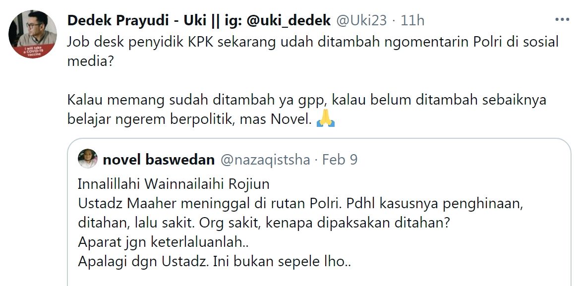 Tangkapan layar cuitan Dedek Prayudi yang sentil pernyataan Novel Baswedan./Twitter/@Uki23