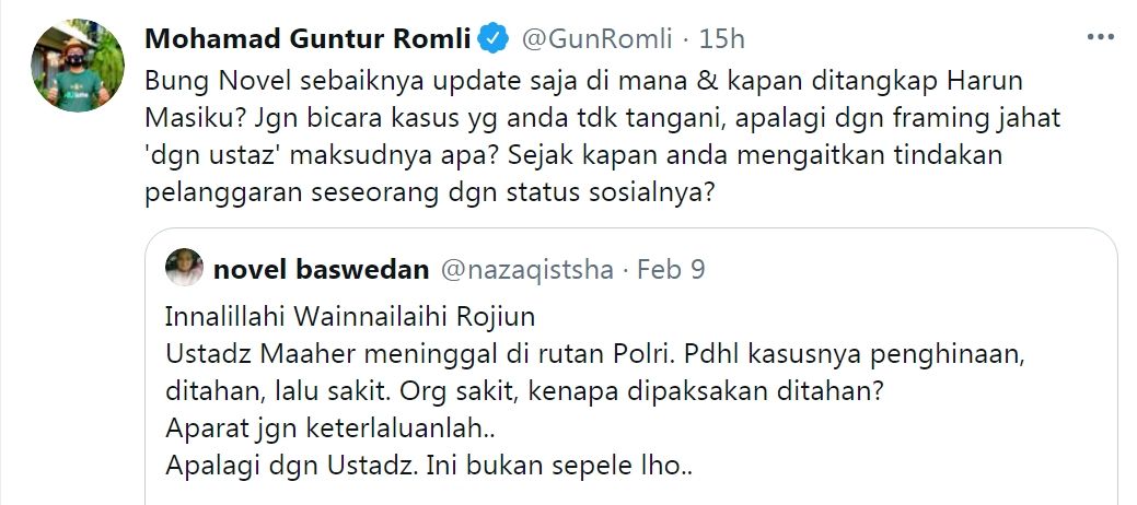 Tangkapan layar cuitan Guntur Romli mengomentari cuitan Novel Baswedan soal kematian Ustaz Maaher./Twitter/@GunRomli
