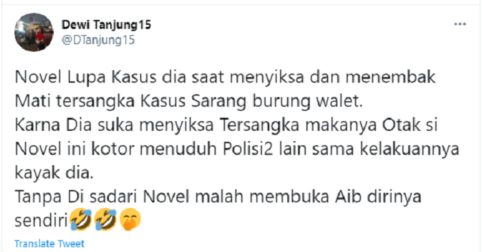 Tangkap layar unggahan Dewi Tanjung tentang Novel Baswedan.