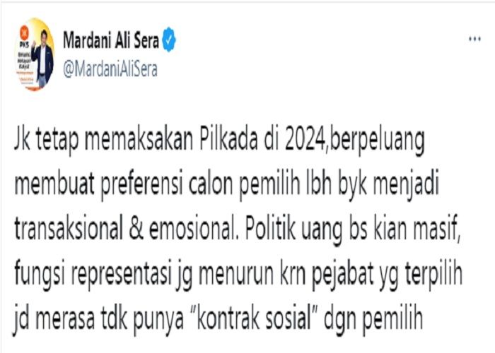 Cuitan Mardani Ali Sera terkait Pilkada 2024.