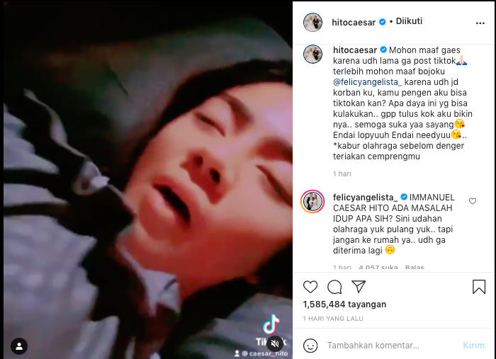 Caesar Hito membuat video TikTok yang menunjukkan istrinya sedang tidur mangap .*