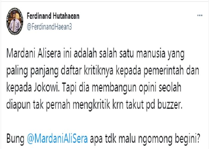 Cuitan Ferdinand Hutahaean yang ditujukan kepada Mardani Ali Sera.