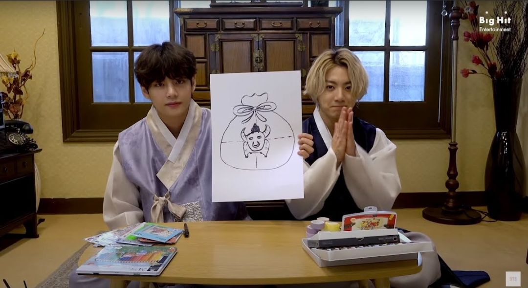 V BTS dan Jungkook bertugas membuat desain kartu ucapan Selamat Tahun Baru Imlek