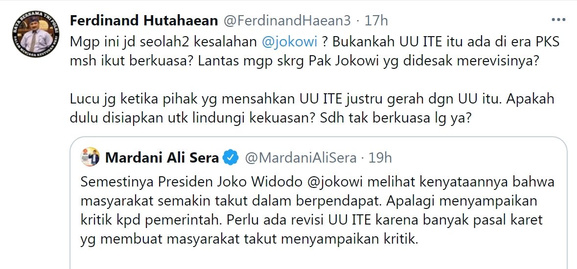 Tangkapan Layar cuitan Ferdinand Huatahaean yang komentari pernyataan Mardani Ali Sera./Twitter/ @FerdinandHaean3