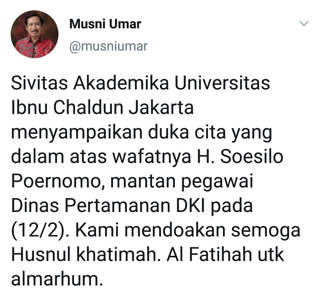 Ucapan duka cita Musni Umar kepada mantan pegawai Dinas Pertamanan DKI Jakarta H. Soesilo Poernomo. 