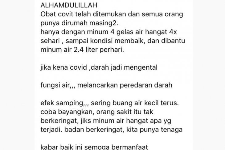 Tangkapan Layar Kiriman Facebook soal minum air hangat dapat membunuh virus Covid-19