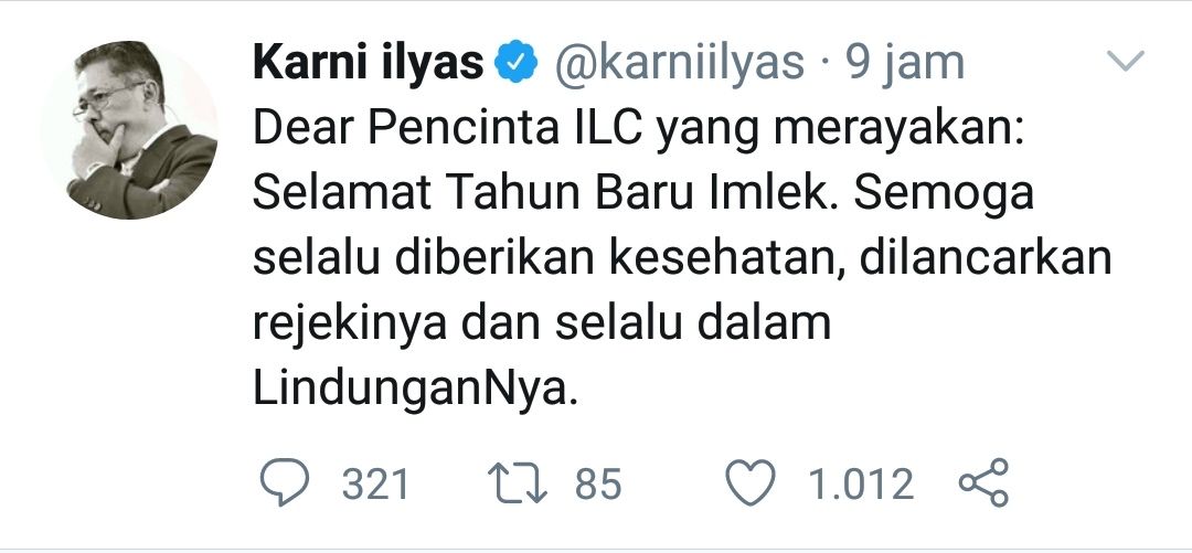Tangkapan layar cuitan Karni Ilyas di akun Twitter pribadinya @karniilyas, Jumat 12 Februari 2021. 