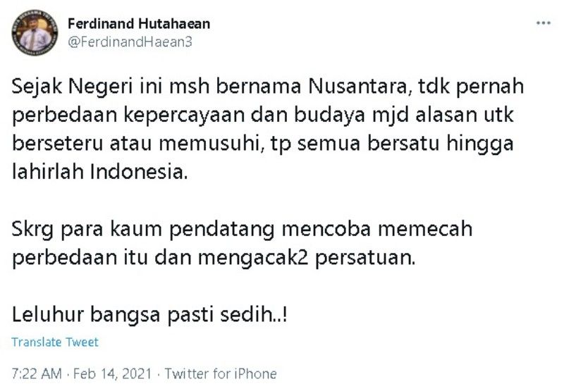 Tangkapan layar cuitan Ferdinand Hutahaean soal kaum pendatang di Indonesia.
