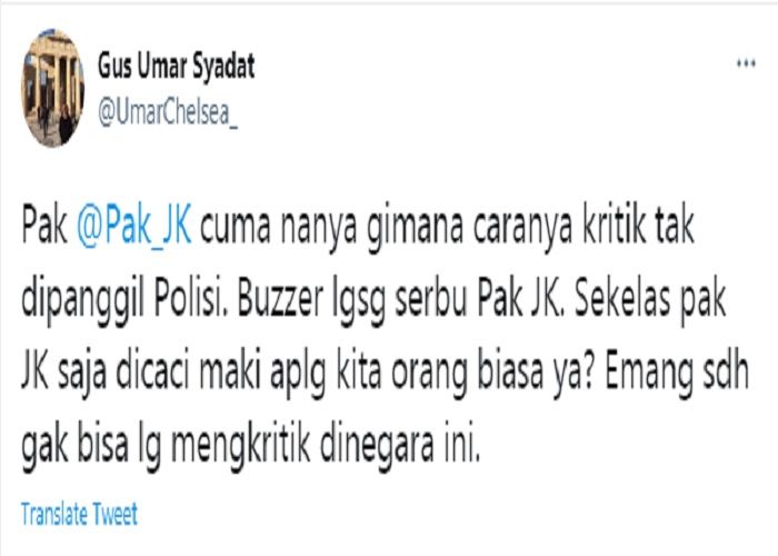 Cuitan Gus Umar soal Jusuf Kalla (JK) pertanyakan cara aman mengkritik tanpa dilaporkan polisi.