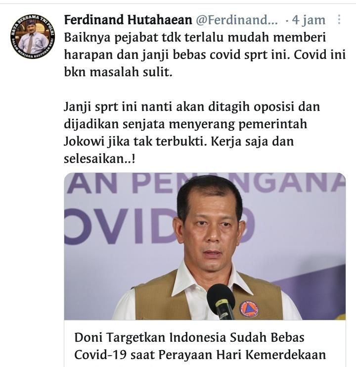 Screenshot Cuitan Ferdinand Hutahaean di Twitter