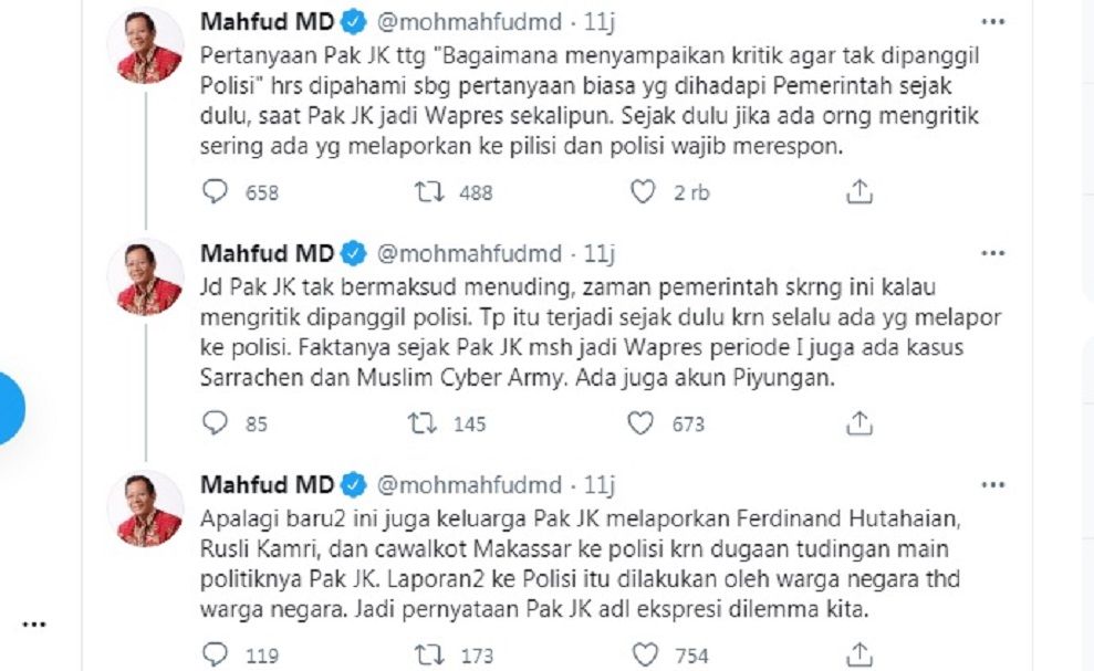 Cuitan Mahfud MD menanggapi pernyataan Jusuf Kalla.*