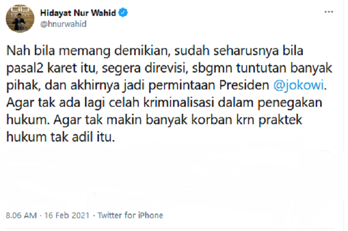 Tangkapan layar unggahan Hidyat Nur Wahid. 