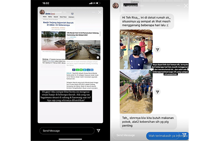 percakapan Risa Saraswati dan salah satu akun di media sosial yang melaporkan keadaan banjir terkini.