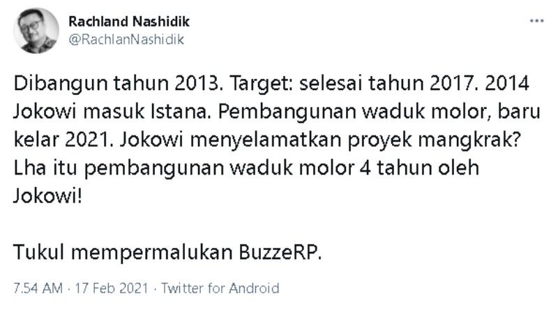 Tangkapan layar cuitan Rachland Nashidik soal pembangunan Bendungan Tukul yang baru diresmikan Jokowi beberapa hari yang lalu.