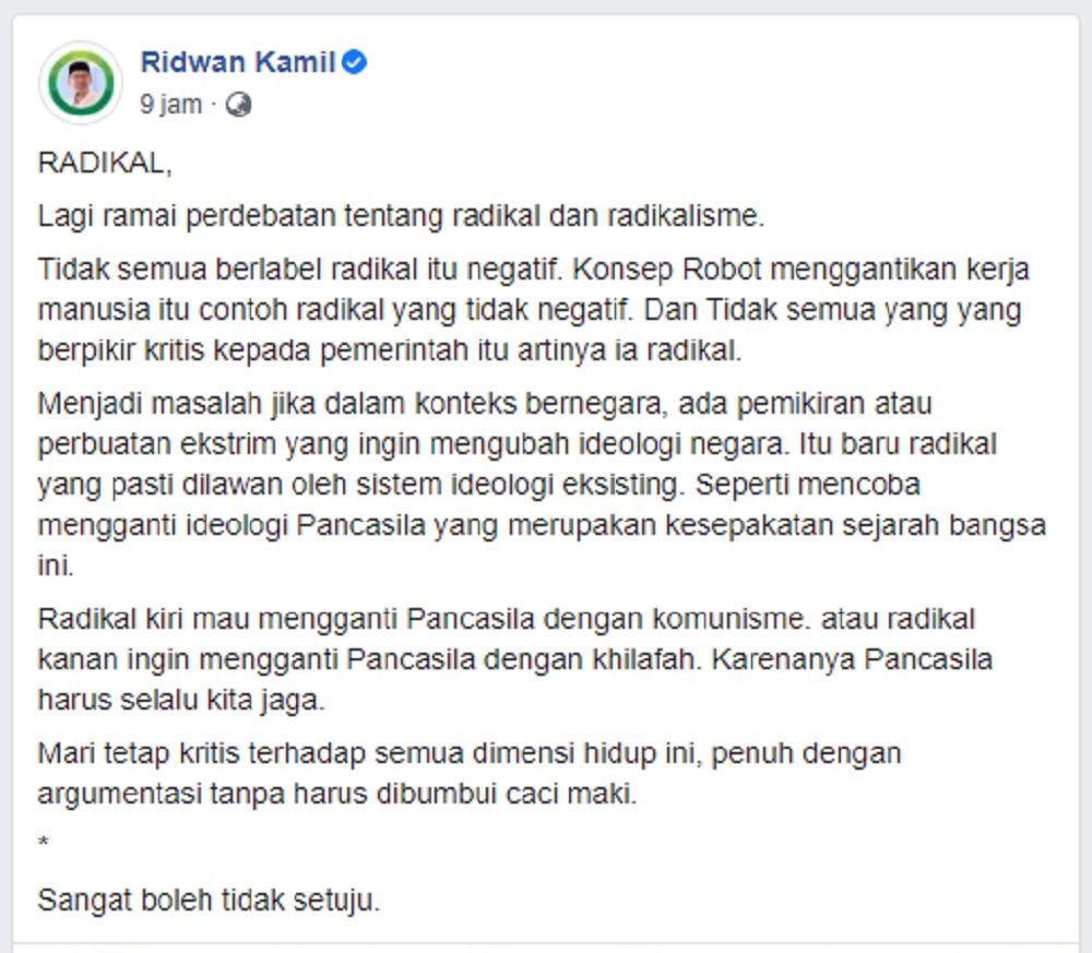 Tanggapi Ramainya Debat Soal Radikal dan Radikalisme, Ridwan Kamil: Tidak Semua Label Radikal itu Negatif