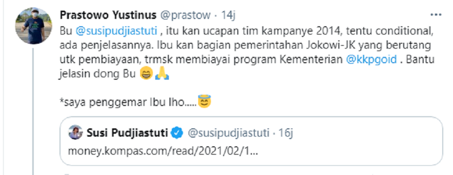Tangkapan layar unggahan warganet yang bertanya pada Susi Pudjiastuti. 