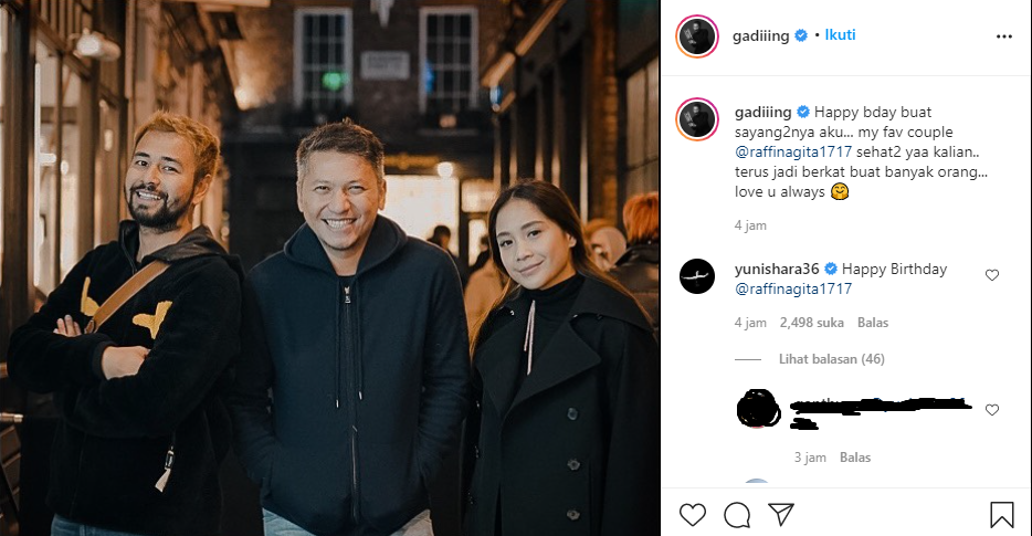 Yuni Shara memberikan ucapan selamat ulang tahun kepada Raffi dan Nagita melalui kolom komentar Instagram Gading Marten