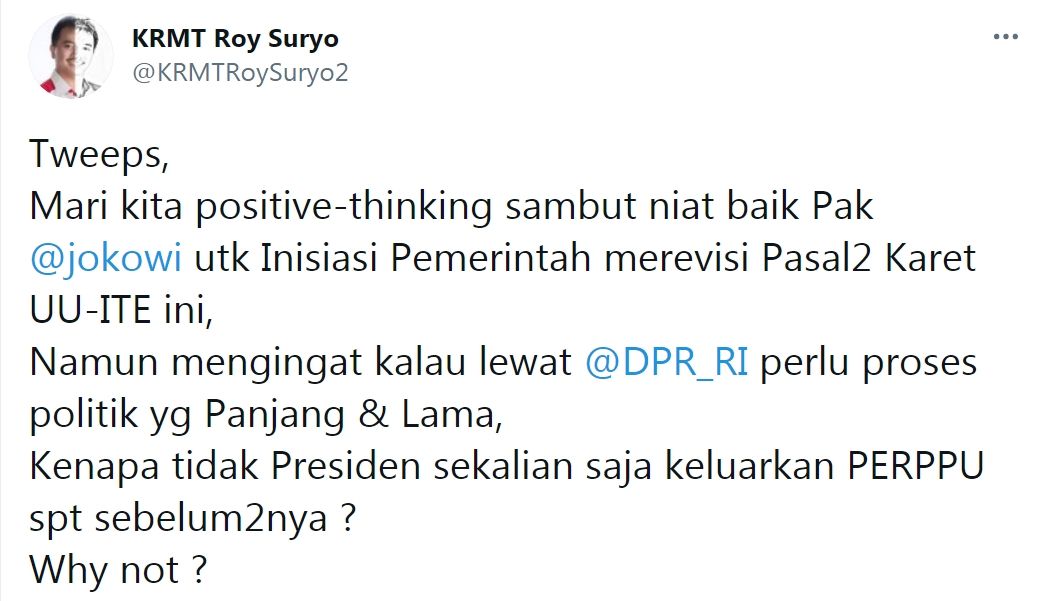 Tangkapan layar cuitan Roy Surwo./Twitter/@KRMTRoySuryo2