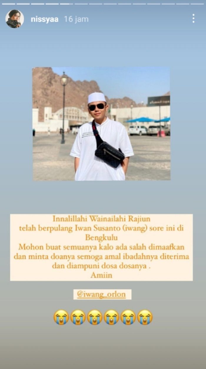 adik Raffi Ahmad, Nisya Saadia Ifat Ahmad menyampaikan kabar duka. Asisten pribadinya, Iwang Orlon meninggal dunia.*