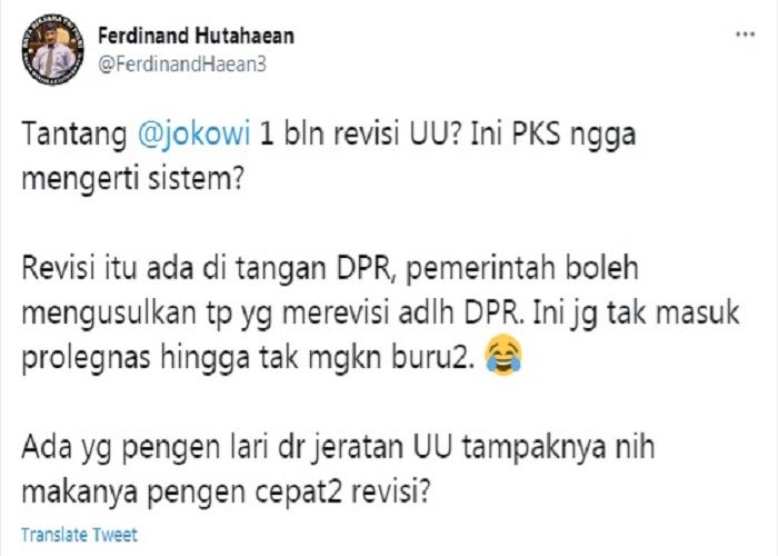 Cuitan Ferdinand Hutahaean yang tanggapi tantangan PKS ke Jokowi soal UU ITE.