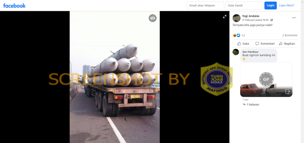 Hoaks foto truk angkut nuklir milik Indonesia.