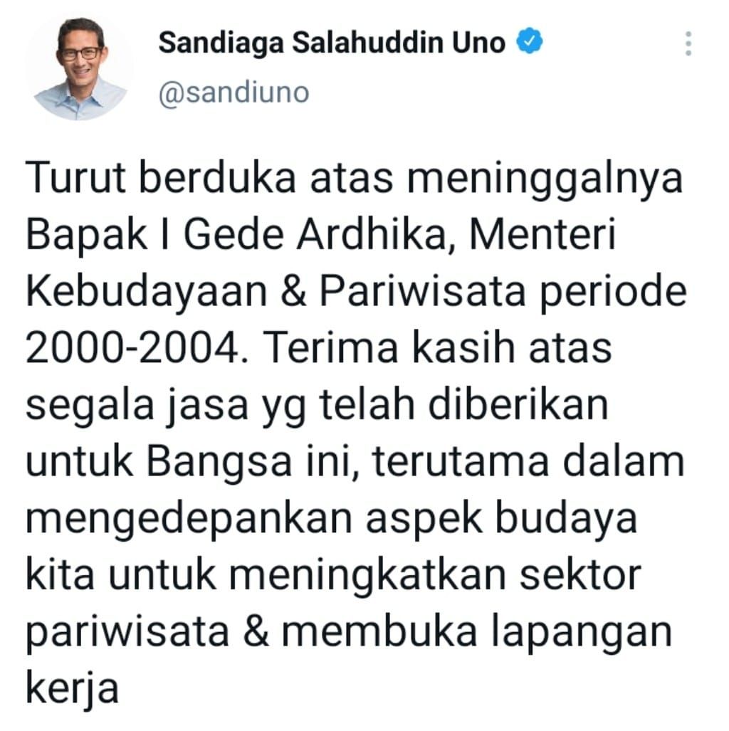 Sandiaga Uno mengucapkan belasungkawa atas meninggalnya I Gede Ardhika*/