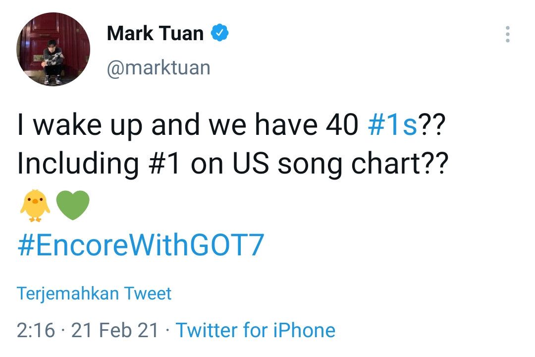 Cuitan anggota grup band K-Pop GOT7, Mark Tuan, di laman twitter pribadinya.