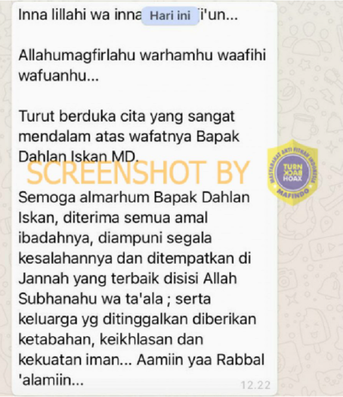 Pesan berantai di aplikasi WhatsApp berisi kabar meninggalnya Dahlan Iskan.